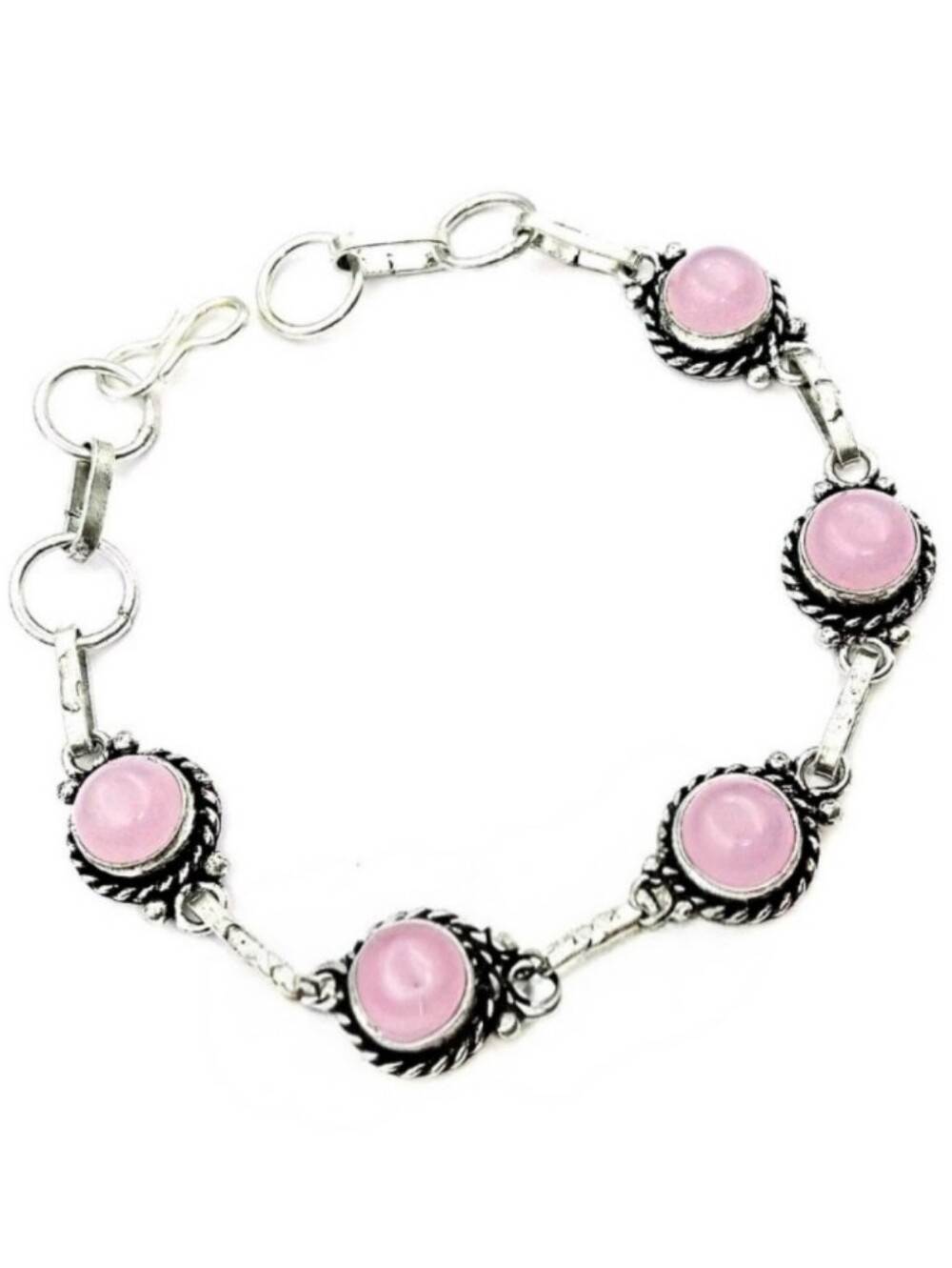 Rose Quartz Gemstone 925 Sterling Silver Toggle Bracelet